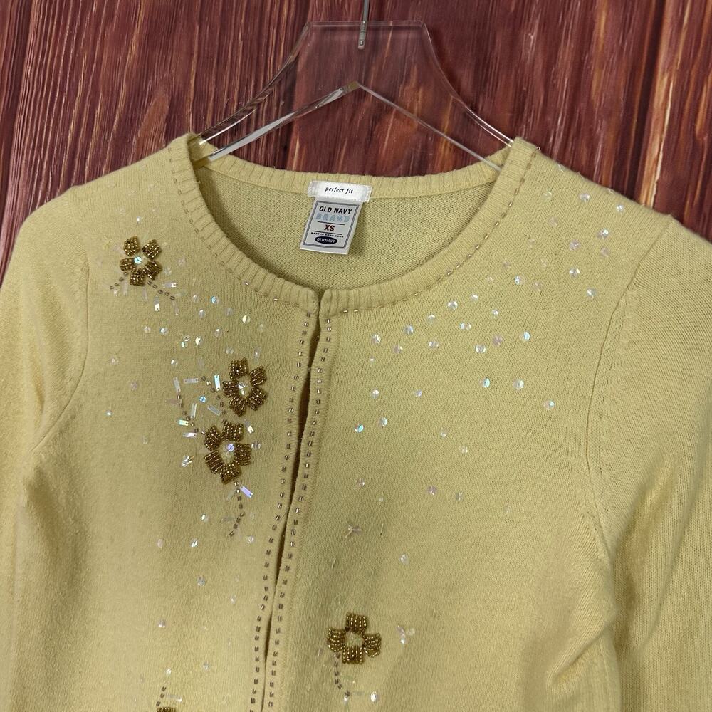 VTG 90s Old Navy Butter Yellow Cardigan Beaded Coquette Fairy Womens Size XS - Picture 3 of 8